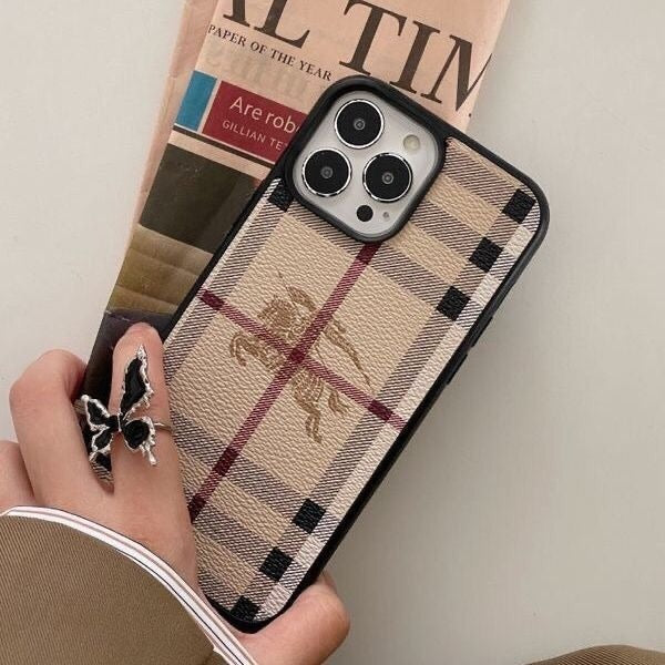 Classic Plaid Leather Phone Case with Card Holder Pocket