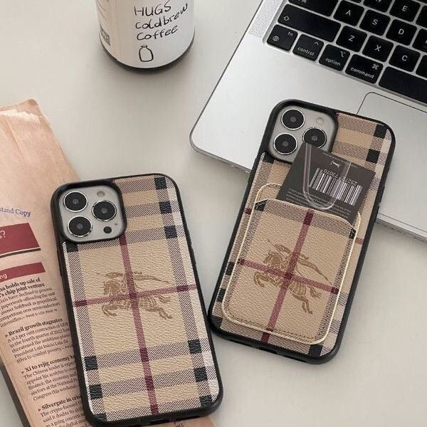 Classic Plaid Leather Phone Case with Card Holder Pocket