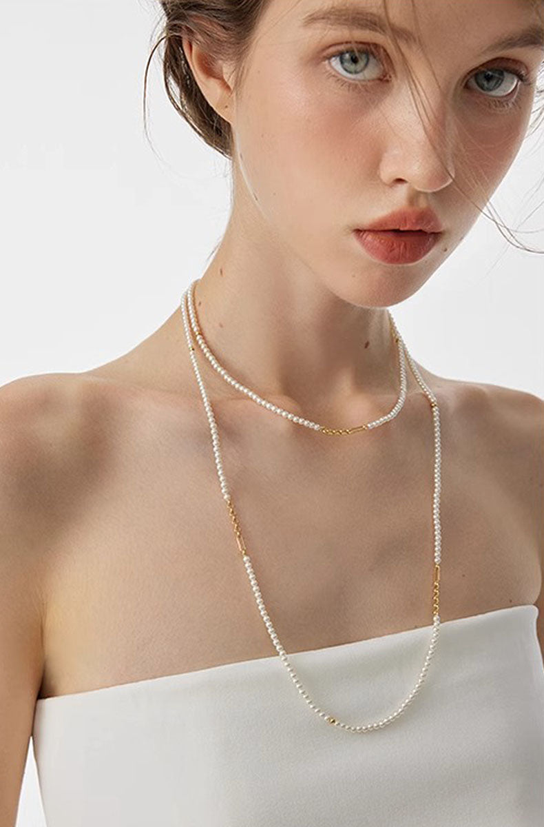 Layered Pearl Chain Long Necklace